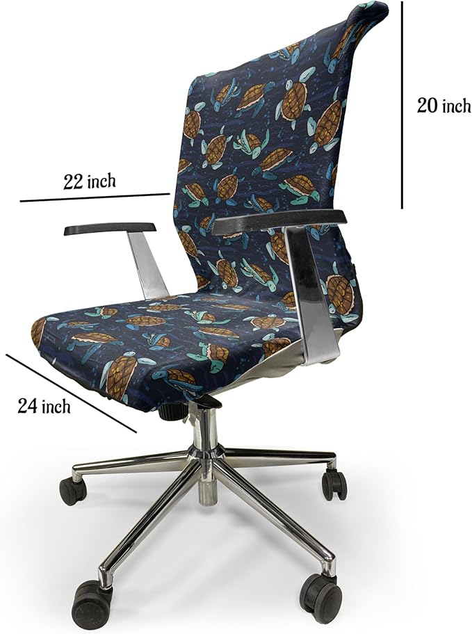 Ambesonne Under The Sea Office Chair Cover, Graphical Layout of Sea Turtles Cartoon Ocean Lifestyle, Stretchable Decorative Universal Size High Back Printed Slipcover, Navy Brown