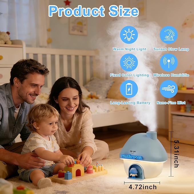 Mushroom House Humidifiers, Rechargeable Desktop Silent Air Humidifier with Night Light, USB Portable Cute Mist Humidifiers with Rainbow Gradient Lighting for Home, Office, Car, and Travel (Blue)