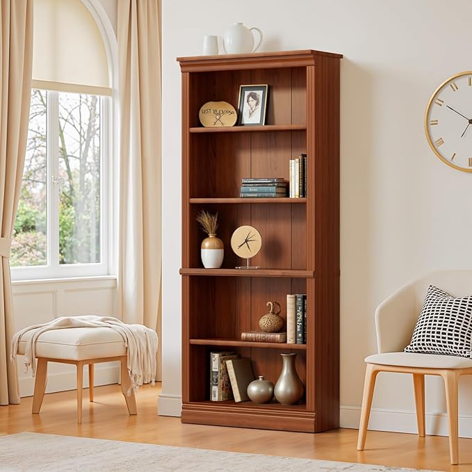 Furniwell Bookcase Bookshelves, 5-Shelf Tall Bookcase 71" Wood Open Display Floor Bookshelf, Large Storage Organizer for Library, Bedroom, Living Room (Cherry)