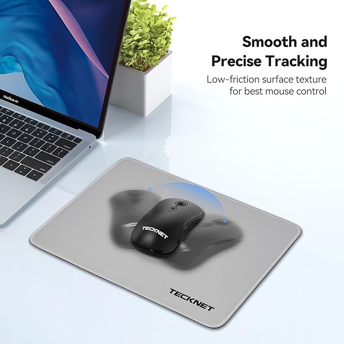 TECKNET Mouse Pad with Anti-fray Stitching, Waterproof Surface & Non-Slip Rubber Base with Stitched Edges Gaming Mouse Mat for Laptop，Compatible with Laser and Optical Mice - Grayish White