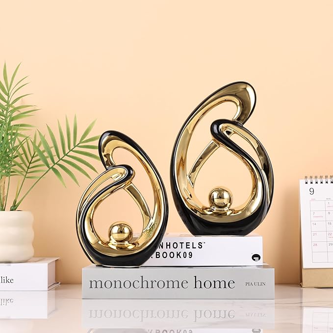 Abstract Ceramic Statue Set of 2, Black and Gold Home Decor, Modern Art Living Room Decor, Room Accessories tv cabinets Bookshelves dividers Dining Table centerpieces, Foyer Entry Decor.