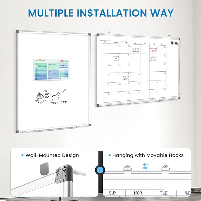 WALGLASS Dry Erase Calendar Whiteboard, 48" x 36" Monthly Large Dry Erase Calendar for Wall, Double-Sided Hanging White Board with Silver Aluminum Frame for Home, School, Office, Kitchen