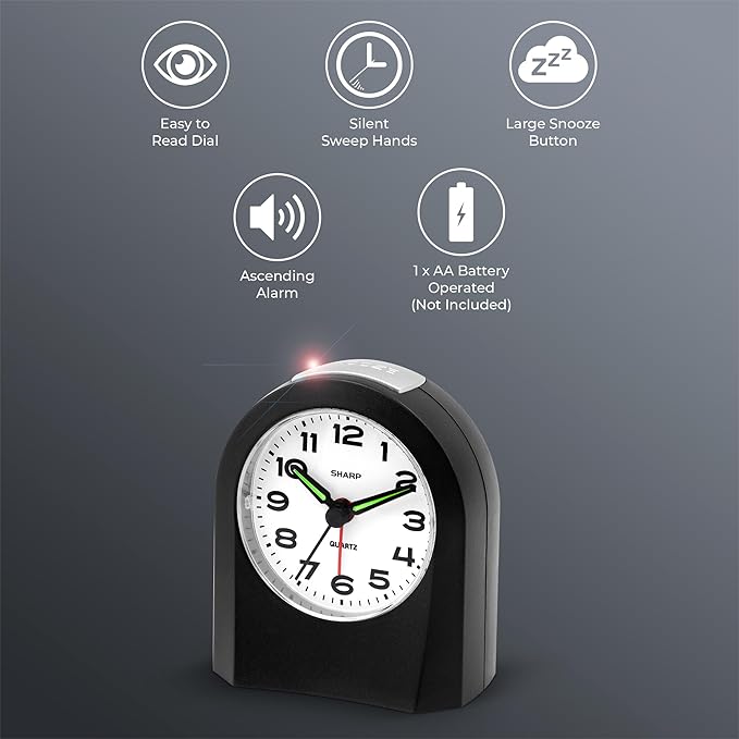 Sharp Small Battery Operated Analog Alarm Clock Silent No Ticking, Lighted on Demand and Snooze, Beep Sounds, Gentle Wake, Ascending Alarm, Black