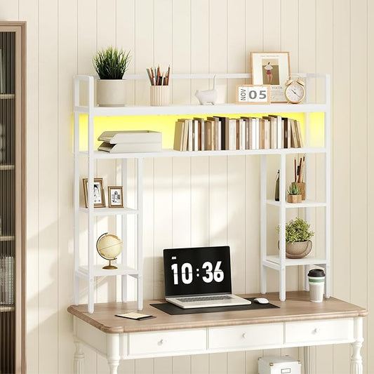 MAHANCRIS Desk Shelf, 43.3" Desk Hutch with Light Strip, Office Desktop Organizer, 5 Tier Desktop Bookshelf for Computer Monitor, Storage Rack for Study, Home Office, White DSWT9801