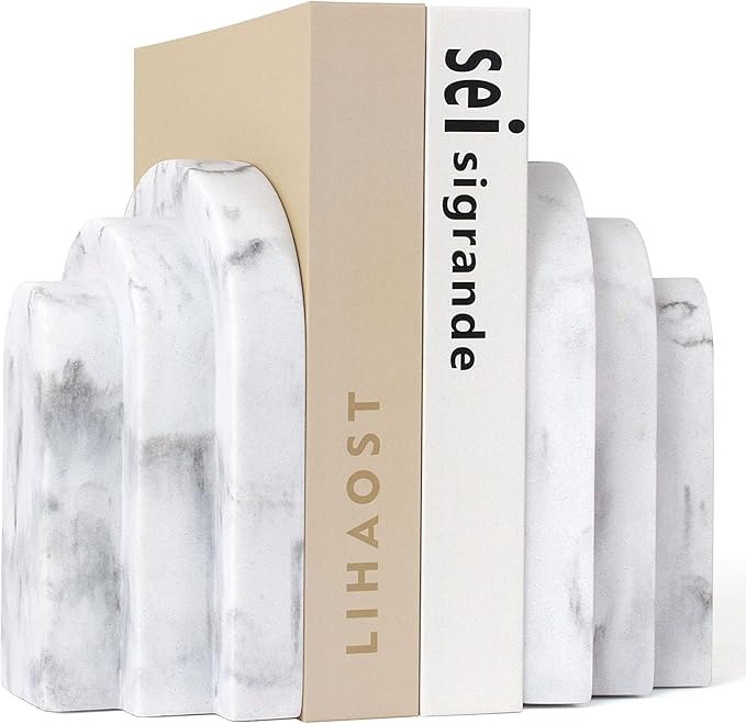 Heavy Duty Bookends for Shelves, 6.6 LBS Heavy Book Ends for Heavy Books, Decorative Modern Bookends with Faux Marble Look, Layered Arch Book Stopper for Bookshelf Holder Set of 2, Marble White