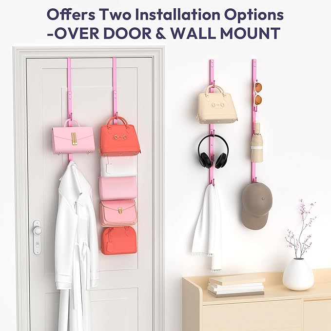 SWTYMIKI Over the Door Purse Organizer - 2 Packs Wall Mounted Purse Rack with 5 Hooks Design, Hanging Handbag Organizer Storage Holds up to 10 Bags, Bag Rack for Closet, Door (Pink)