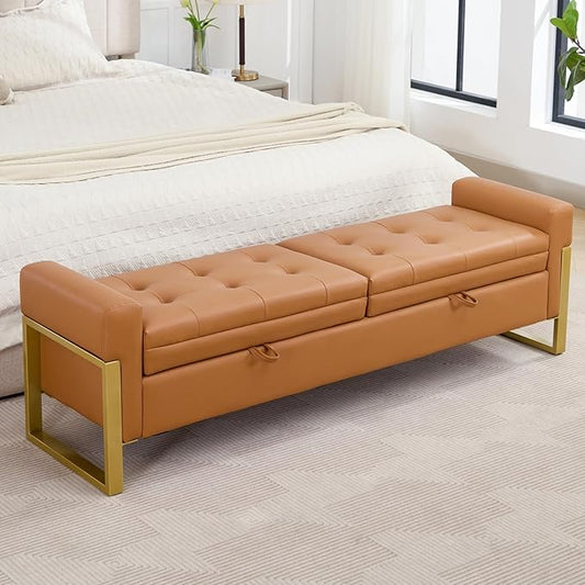 67" End of Bed Bench King Size, Leather Storage Bench for Bedroom Foot of Bed, Double Lids Storage Bench with Golden Legs, Upholstered Ottoman Bench for Living Room Window Entryway, Brown