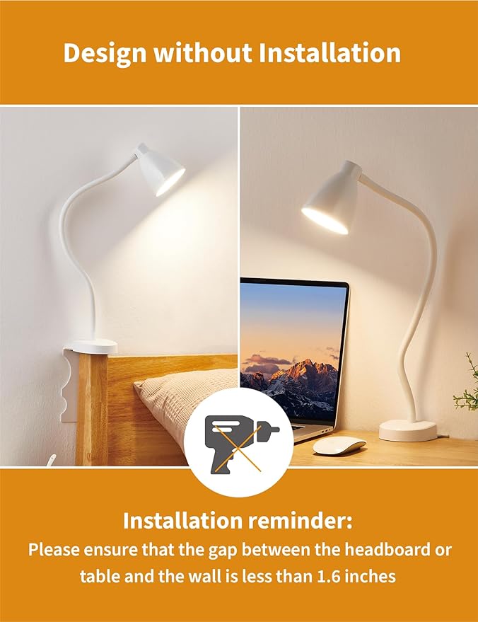 BOHON No Install Bedside Reading Light, Clip-Free Wall Mounted Lamp with 5 Colors & 10 Brightness Levels, Flexible Gooseneck, 30 Min Auto-Off Timer, Bed Lights for Headboard, Bedroom, Dorm (White)