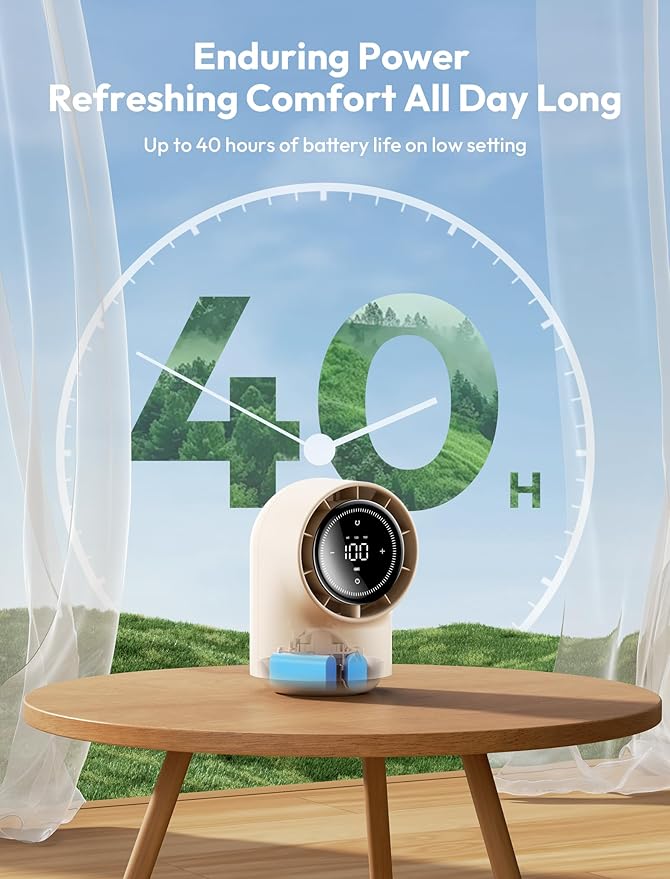 Aecooly Touch Control Desk Fan, 100 Speeds Quiet Bedroom Digital Display 8000mAh 3 Oscillation Angles Battery Powered Small Desktop Table Fan for Bedroom, Bedside, Office, Travel -Beige