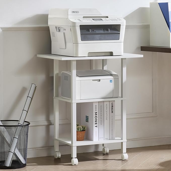 YUFAM White 3 Tier Home Printer Stand with Storage, Wooden Mobile Printer Table Shelf, Rolling Printer Cart Shelf with Lockable Wheels fit Fax Machine, Scanner