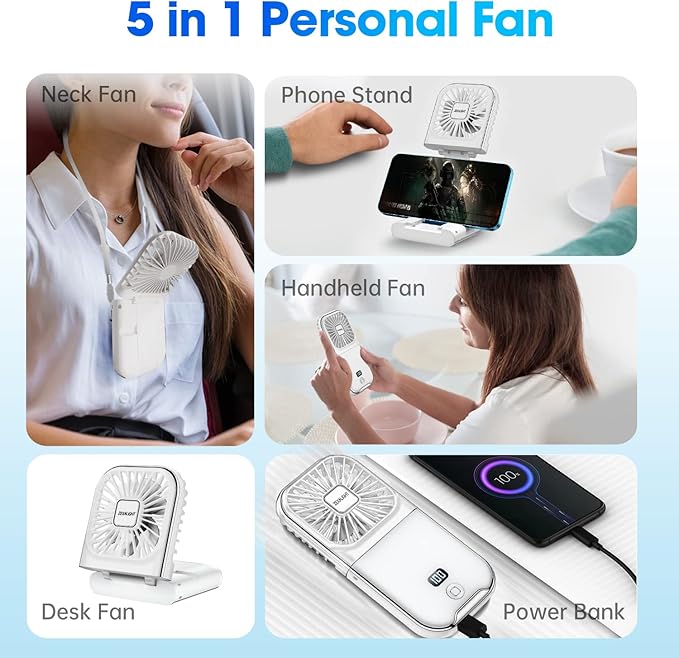 USB Rechargeable Upgraded 5-in-1 Portable Handheld Fan, Necklace Fan, Desk Fan, Foldable Phone Stand, 4 Speeds Airflow, Quiet Personal Fans with LED Digital Screen (White)