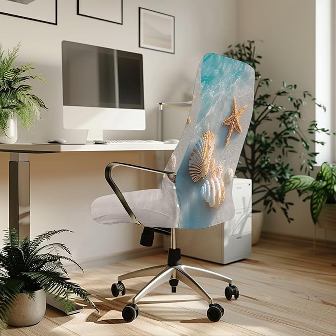 Talayituse Starfish Beach Seashell Print Office Chair Covers, Stretch Computer Chair Cover, Universal Boss Chair Covers Modern Simplism Style High Back Chair Slipcover, Large