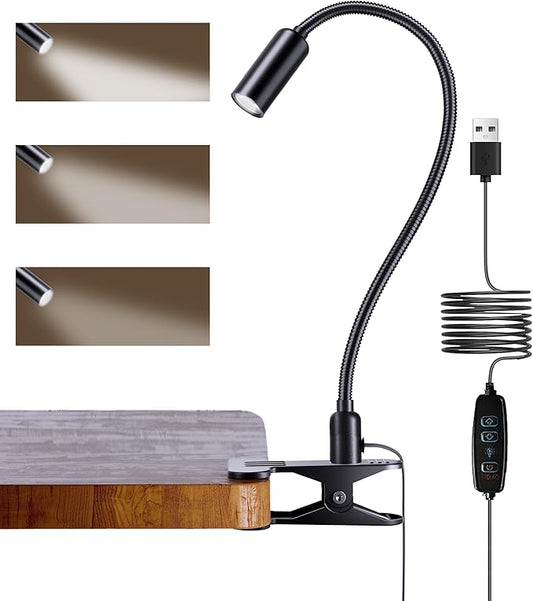 JHD Led Desk Lamp with Clamp - 10 Brightness Levels, 12" Flexible Gooseneck,Eye Protection USB Lamp - Suitable for Home Office, Reading, Bed Light,Quality Black Metal Clamp Light,Headboard Lamp