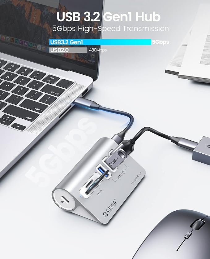 ORICO 5-Port USB 3.2 Gen1 Hub, Desktop USB 3.0Hub with 3 USB-A, SD/TF Card Reader, 5V 2A Power Supply Port, 5Gbps Aluminium USB-Splitter with 1.64Ft USB-C to USB-A/C Cable for iMac, MacBooks, Mac mini