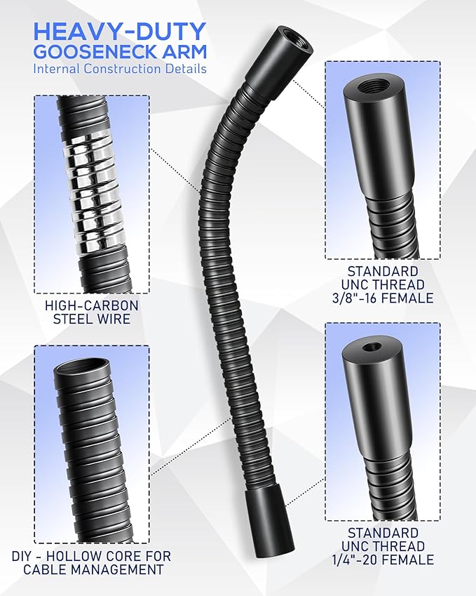 Heavy-Duty 24" Flexible Gooseneck Arm Extension Tube Bar Rod Kit Flex Mount with 1/4" & 3/8" Threads for Mobile Phones Cameras Mic Lighting and More Fits Most Stands Tripods Rigs Grips and Clamps