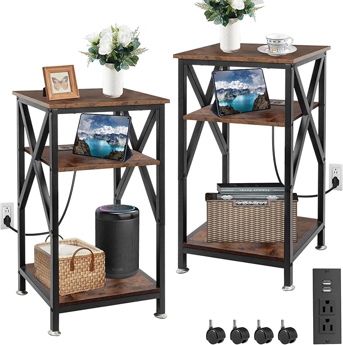 TooCust End Table with Charging Station, End Tables Living Room Set of 2 Farmhouse, 12" D x 16" W x 28" H, 28 inch Tall Side Tables, Rustic Wood End Tables, Couch Side Tables Set of 2
