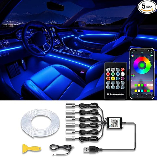 Jushope Car LED Strip Lights, USB Interior Ambient Lighting Kits with Wireless APP and RF Remote Control, 16 Million Colors Music Mode Car Decoration Lights with 315 inches 3.0mm Fiber Optic (6 in 1)