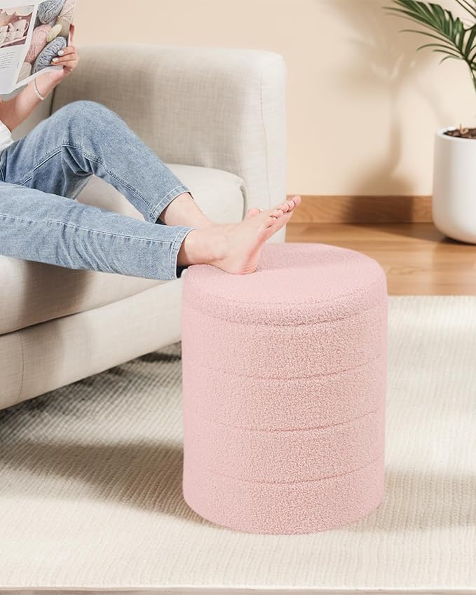 Round Boucle Storage Ottoman, Sherpa Teddy Fabric Ottoman Footstool with Reversible Tray Lid, Folding Footrest with Storage for Living Room, Bedroom, Dorm, Pink, 14.6" x 14.6" x 17.7"