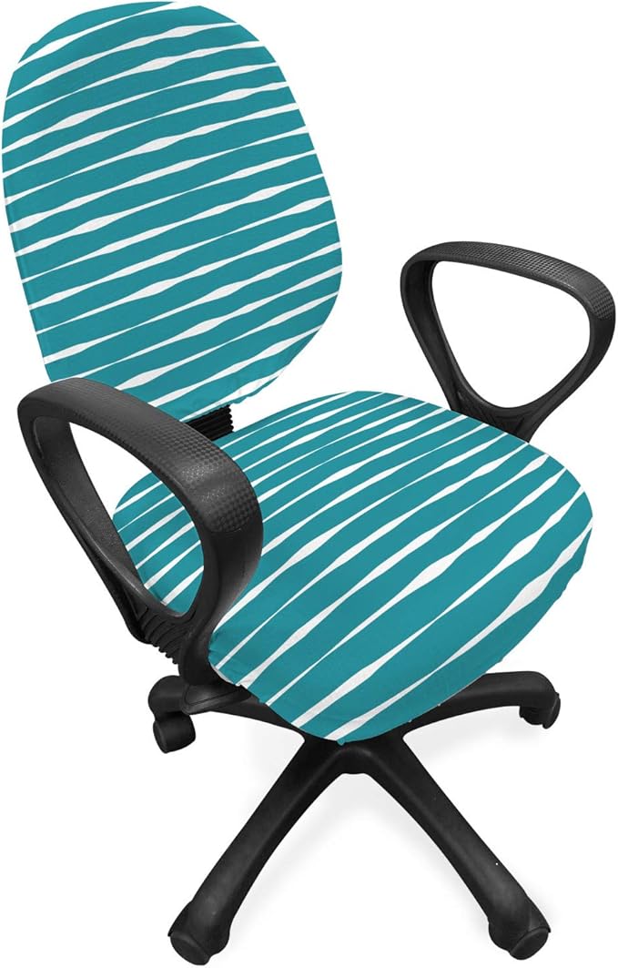 Ambesonne Teal Stripe Office Chair Slipcover, Horizontal Wavy Lines in Monochrome Design Hand Drawn Like Design Pattern, Protective Stretch Decorative Fabric Cover, Standard Size, Teal White