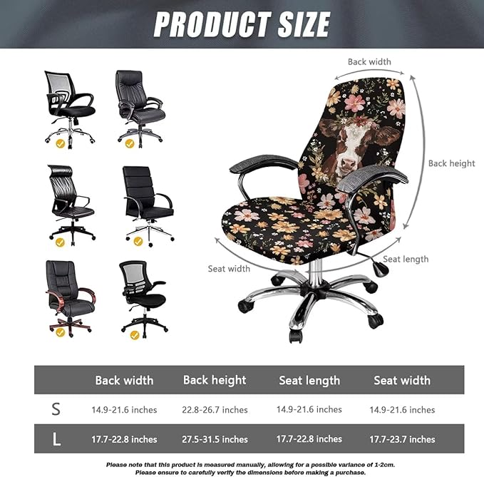 Talayituse Cow Flower Print Office Chair Cover Stretchable Desk Chair Cover Universal Rotating Computer Chair Cover Washable Office Chair Seat Cover Armchair Cover Slipcover for Desk Computer Chair, L
