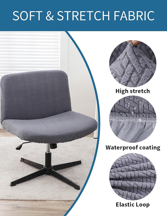 LavishCover Armless Chair Cover Office Desk Chair Cover, Waterproof and Elastic Criss Cross Chair Cover, Exquisite Vanity Chair Cover, Mid Back Wide Seat Accent Chair Covers(Grey,T-Type)