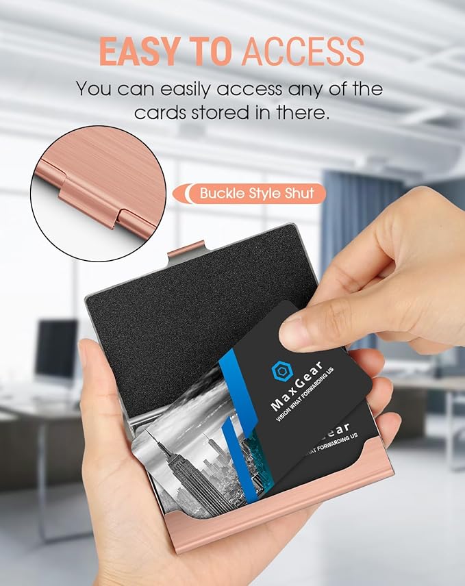 MaxGear Metal Business Card Holder for Men & Women, Stainless Steel Business Card Case Holds 10–20 Cards, Slim Pocket Name Cards Holder with Interior Lining & Buckle Closure, Rose Gold