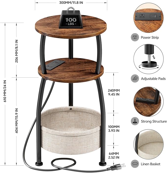 Side Table with Charging Station, Small Round End Table with Basket, USB Port and Outlet, 3 Tiers Sofa Couch Table for Living Room Bedroom, Small Spaces, 11.81in Rustic Brown