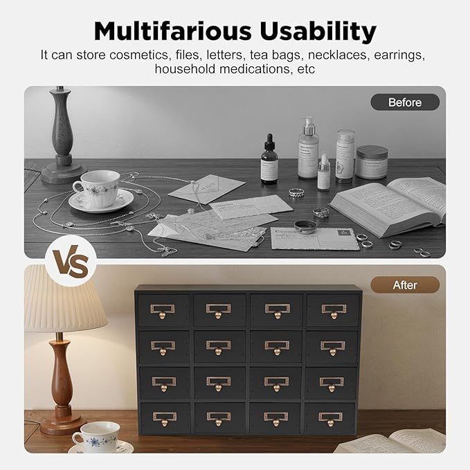 16-Drawer Wooden Desk Organizer Storage Box with Label Holders Vintage Wood Desktop Organizer, Desk Drawer Unit Collectors Box for Living Rooms, Bedrooms, Offices (Black, 1PC, 16 Drawers)
