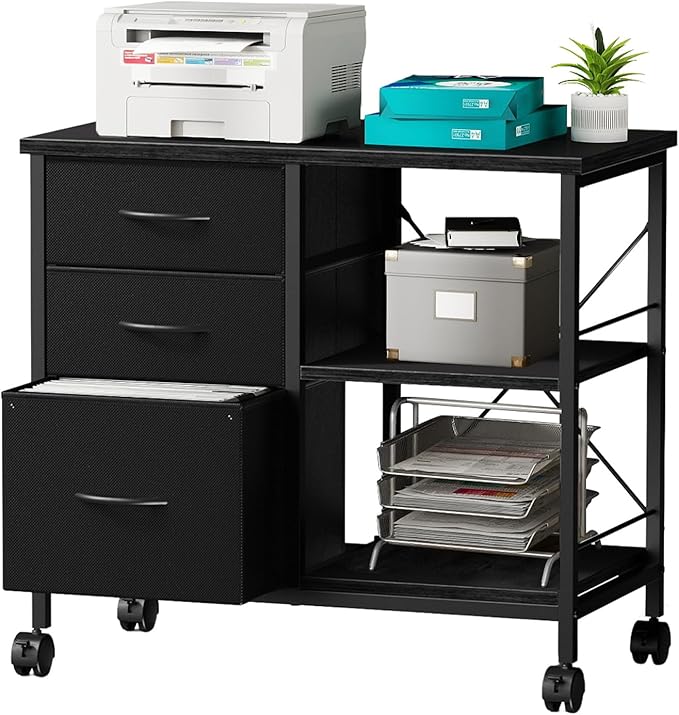 DUMOS File Cabinet, Mobile Storage Cabinet with 3 Drawers and Back Support Bar, Spacious Printer Stand with Storage Supporting 198 lbs for Home Office, Black