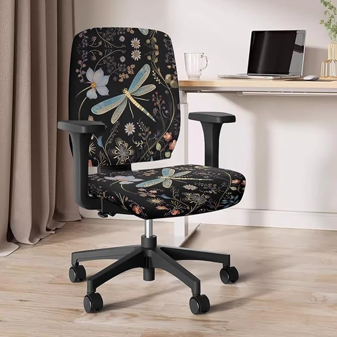 Dragonfly Flower Office Chair Covers Stretchable Computer Chair Seat Cover 2 Piece Desk Chair Slipcovers Protector Universal Fit Desk Rotating Chair,Computer Chair Office Decor