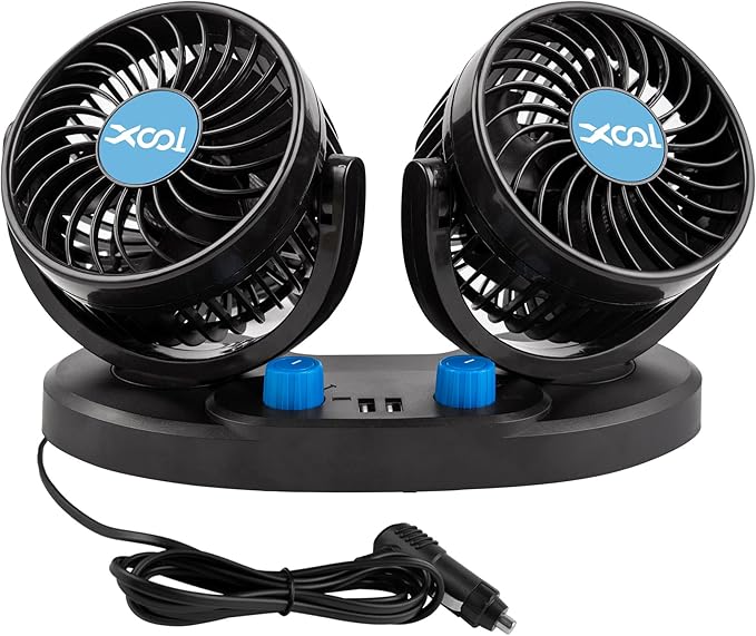 XOOL Car Fan – Car Cooling Fan with 2 USB Charging Ports, 2-Speed Adjustable, 360° Rotatable Dual Head Car Fan Quiet Strong Airflow, Cigarette Lighter Plug, Fan for Car, Vehicles, RVs, and SUVs
