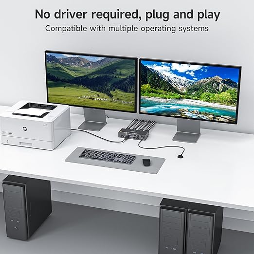HDMI DP KVM Switch 2 Monitors 3 Computers 8K@60Hz 4K@144Hz,with 4 USB 3.0 Ports for 3 PC Sharing 2 Monitors Keyboard Mouse Printer with 2 USB Cables, Power Adapter and Controller,Black