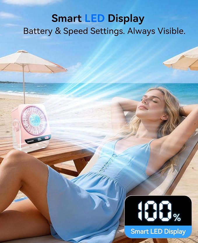 KIMMOO USB Desk Fan for Bedroom, 199 Speeds Turbo Airflow, Portable Fan with Ice Cooling, Digital Display Quiet Table Fan, 270° Rotating Small Rechargeable Battery Desktop Fans for Home Office (Pink)