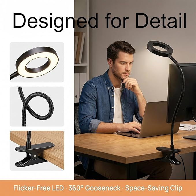 Desk Lamp with Clamp, 3 Color Modes & 10 Brightness LED Desk Light, 360°Adjustable Reading Lamps for Bed, Headboard, Clip on Light for Home Office Study Craft (Black)