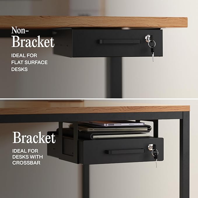 Under Desk Drawer Slide-Out – Lockable Metal Storage Drawer with Cable Management for Office & Home (Single, Bracketed)