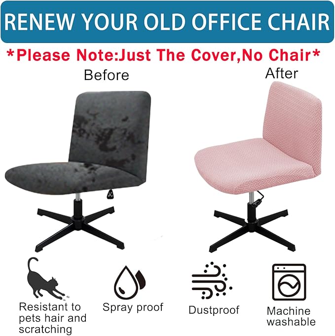 Vanity Chair Cover Criss Cross Chair Cover Waterproof and Elastic Armless Chair Slipcover Armless Chair Covers Office Chair Covers (Pink,Just The Cover,No Chair)