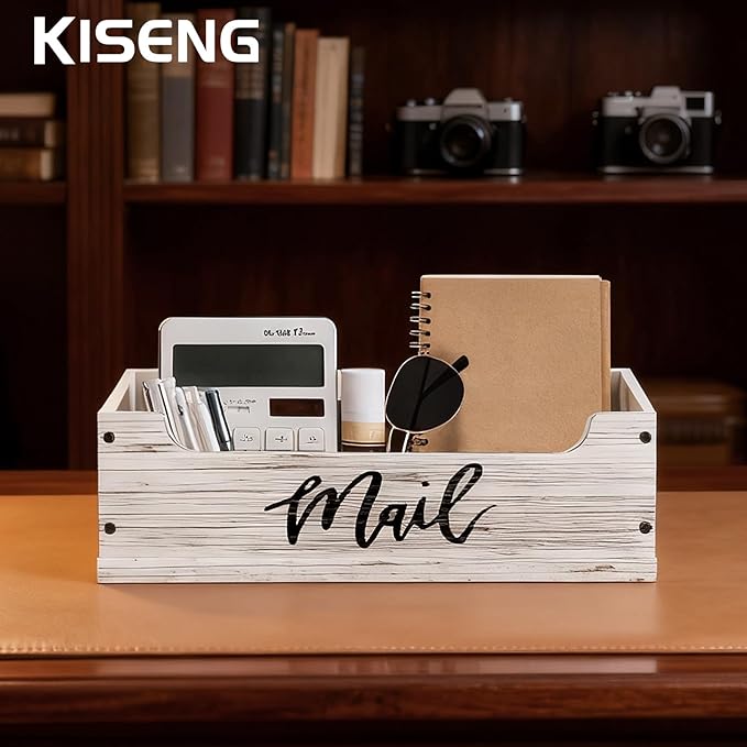 White Wooden Mail Organizer Countertop (Retro White+Black)