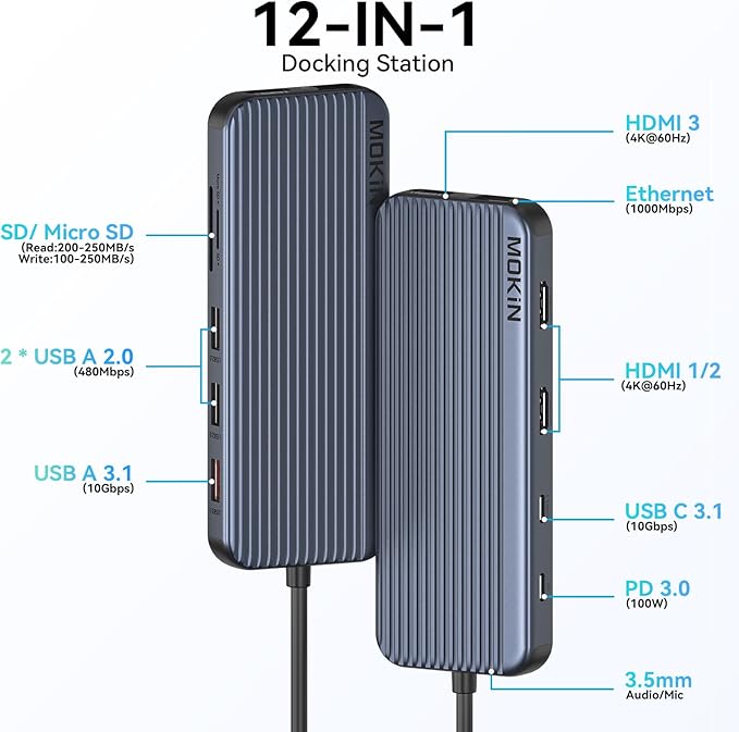 USB C Docking Station 3 HDMI, 12 in 1 Docking Station Triple Display, Dual Monitor Dock, Laptop USB-C Hub 3 HDMI with 10 Gbps, Ethernet, USB A/C 3.1, USB 2.0, 100W PD, Audio & Mic, SD