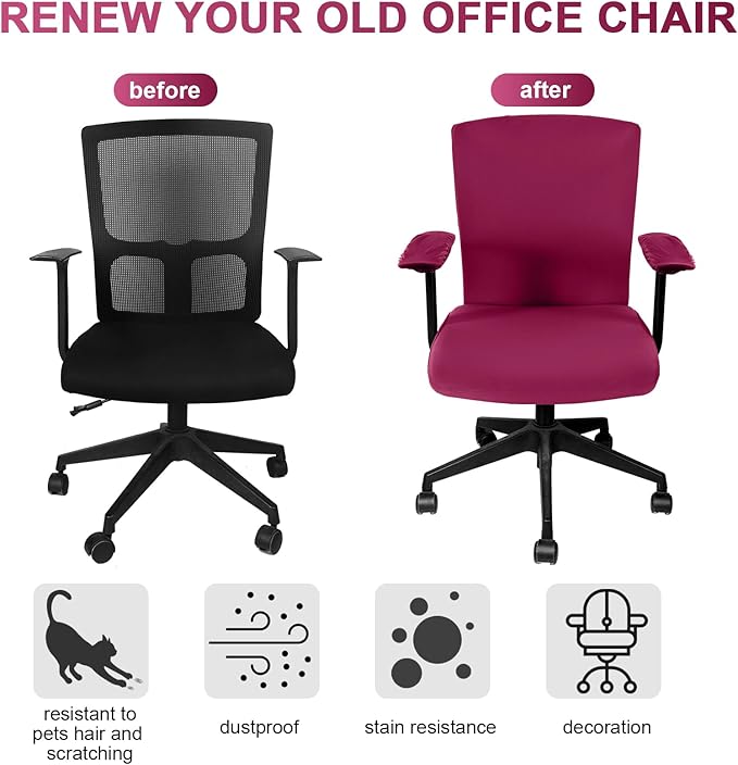 Tallew 4 Pcs Office Chair Covers Set Computer Universal Protective Stretchable Chair Seat Covers Desk Armrest Cover Pads Office Cushion Backrest for Rotating(Regular,Wine Red)
