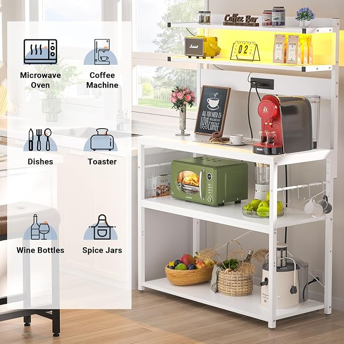 Aheaplus Bakers Rack with Power Outlet, Microwave Stand, 5 Tiers Coffee Bar Station with Led Lights, Kitchen Storage Shelf with 6 S-shaped Hooks, Kitchen Rack Coffee Bar Stand, White