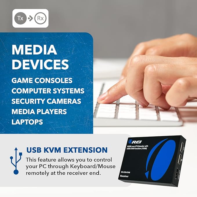 OREI KVM Over IP HDMI Extender Over LAN, Single CAT5e/CAT6A/CAT7 Cable Output1080p PC Control - Up to 492 Ft - Remote Keyboard Mouse USB Control - Over Home Network
