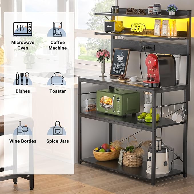Aheaplus Bakers Rack with Power Outlet, Microwave Stand, 5 Tiers Coffee Bar Station with Led Lights, Kitchen Storage Shelf with 6 S-shaped Hooks, Kitchen Rack Coffee Bar Stand, Black