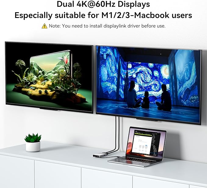 ACASIS USB C to Dual HDMI DisplayLink Adapter, 4K@60Hz, 2 HDMI & 3 USB-A Ports, 100W PD Charging, USB C DisplayLink Docking Station for Mac M1/M2/M3/Windows, USB A/C to Dual Monitor Adapter, Silver