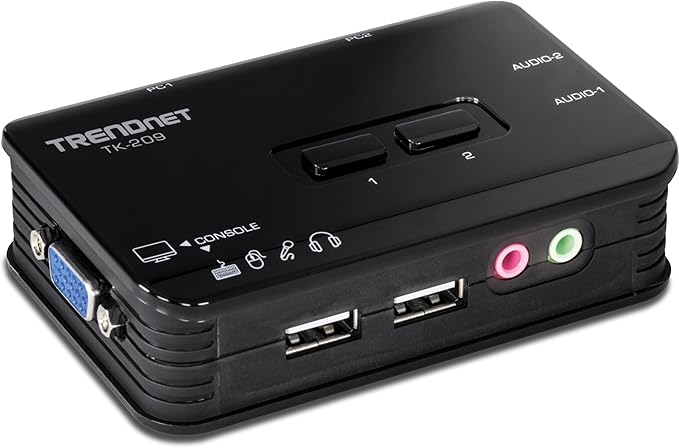TRENDnet 2-Port USB KVM Switch Kit with Audio, TK-209K, Control Up to 2 Computers, Windows, Linux, Mac OS Compliant, 2048 x 1536 VGA Resolution, NDAA & TAA Compliant, KVM Cables Included, Black