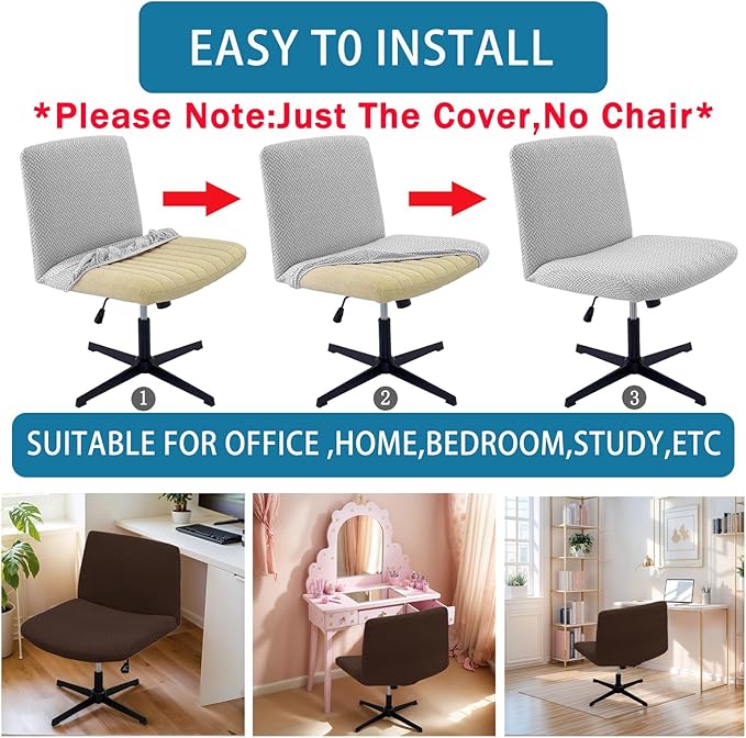 Vanity Chair Cover Criss Cross Chair Cover Elastic Armless Chair Slipcover Armless Chair Covers Office Chair Covers (Coffee-Color,Just The Cover,No Chair)