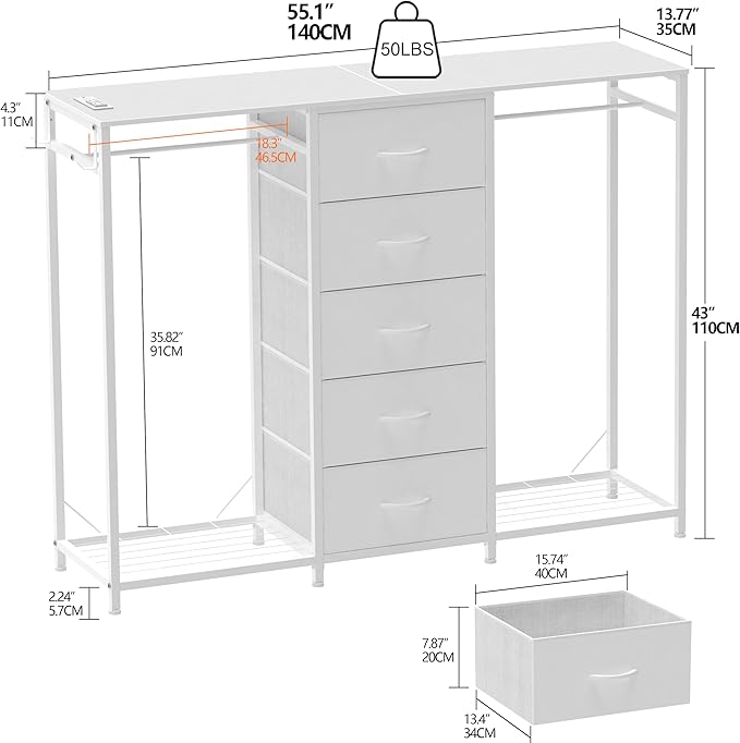 Espelism Dresser for Bedroom with Clothes Rack 5 Drawer Dresser with Charging Station LED Lights White Chest of Drawers Flexible Shelf and Open Storage Space for Bedroom Living Room (White)