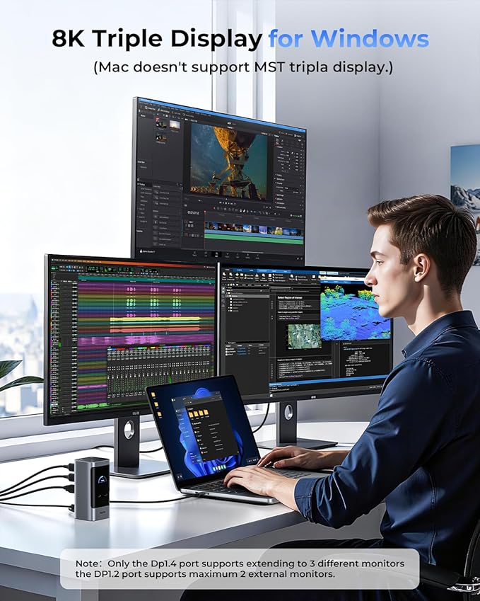 RayCue 15 in 1 Laptop Docking Station 3 Monitors, Triple 8K Display with 3 HDMI, 6 USB Ports, 5 Shortcut Button, Gigabit Ethernet, PD3.0, Smart Display for Windows/Dell/Lenovo/HP...(No Power Adapter)