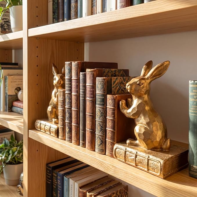 Tatuo 2 Pcs Decorative Rabbit Bookends for Shelves, Bunny Gift Book Ends for Heavy Books Animal Stopper Retriever Statues Bookends with Anti-Slip Base for Book Lover Home Bookshelf, Bronze