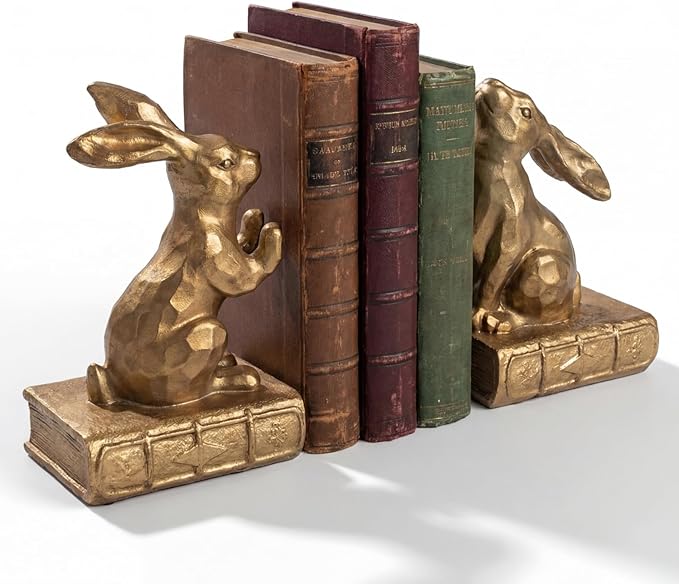 Tatuo 2 Pcs Decorative Rabbit Bookends for Shelves, Bunny Gift Book Ends for Heavy Books Animal Stopper Retriever Statues Bookends with Anti-Slip Base for Book Lover Home Bookshelf, Bronze