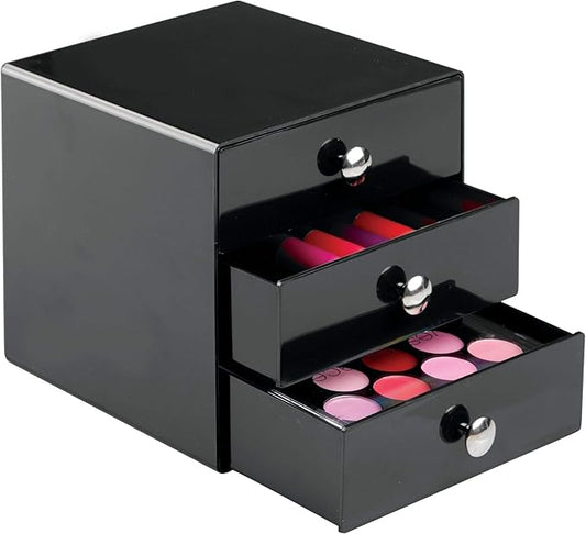 iDesign 35360 3-Drawer Plastic Vanity Organizer, Compact Storage Organization Set for Cosmetics, Dental Supplies, Hair Care, Bathroom, Dorm, Desk, Countertop, Office, 6.5" x 6.5" x 6.5", Black